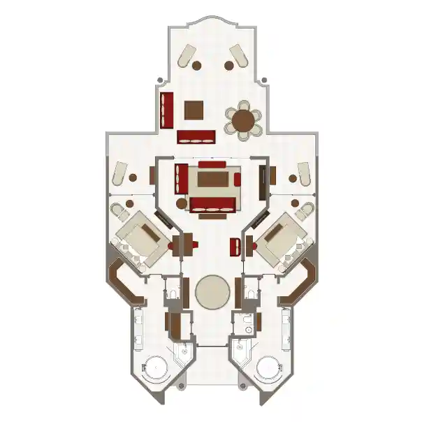 floor plan of the royal palm presidential suite, showing bedrooms, living areas, kitchen, bathrooms, and balcony layout