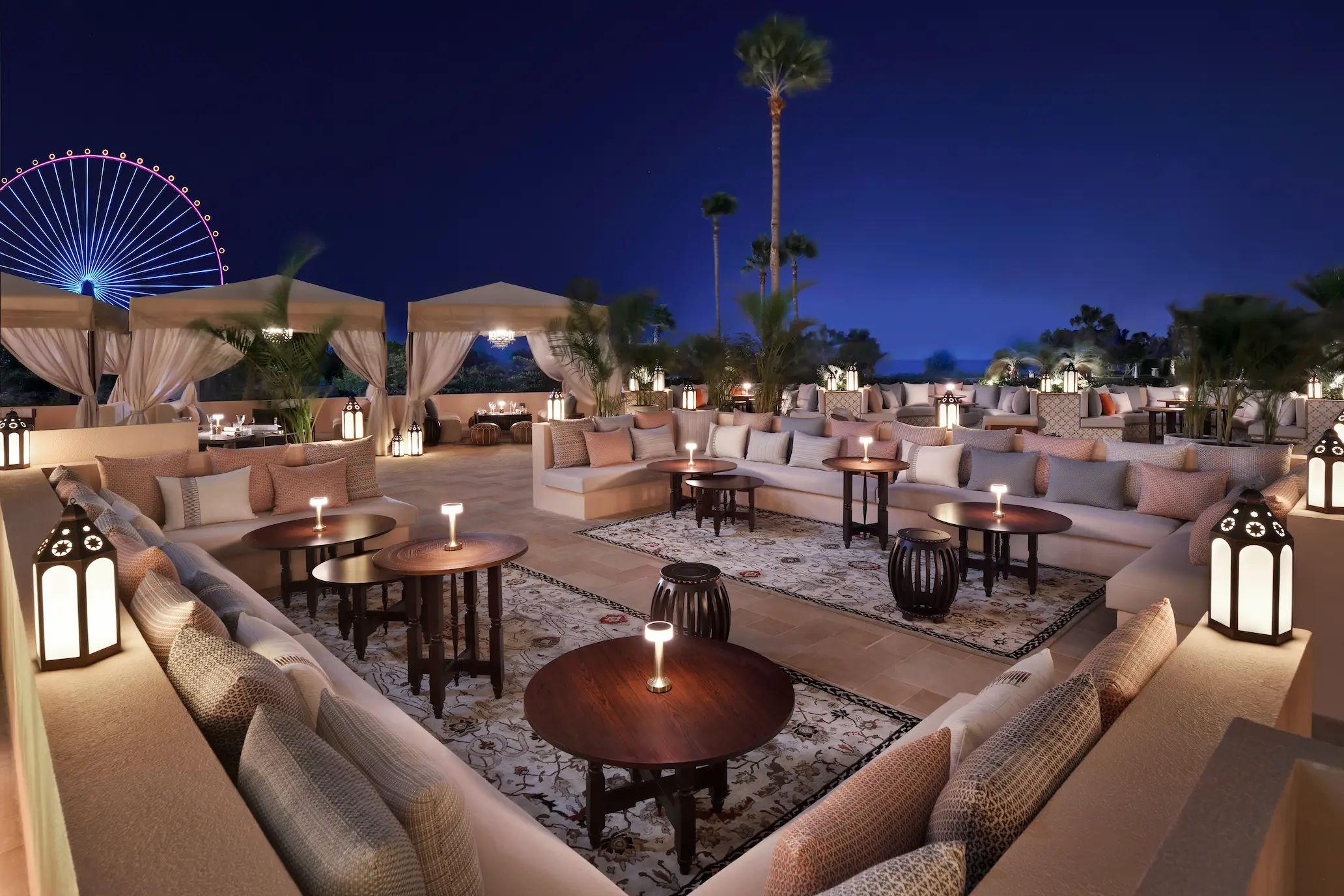 amaseena restaurant at the ritz-carlton dubai jbr featuring traditional arabian outdoor dining, lantern lit ambiance, and authentic middle eastern cuisine in dubai marina