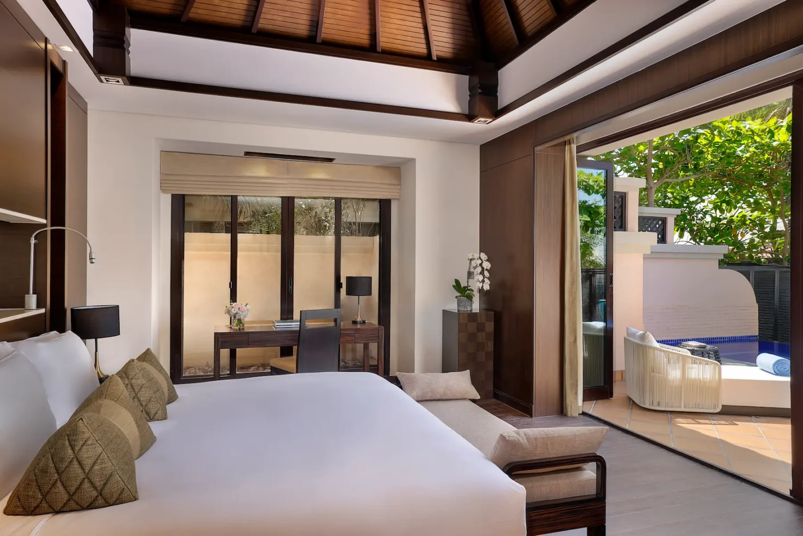 bedroom of one bedroom beach pool villa at anantara the palm dubai resort