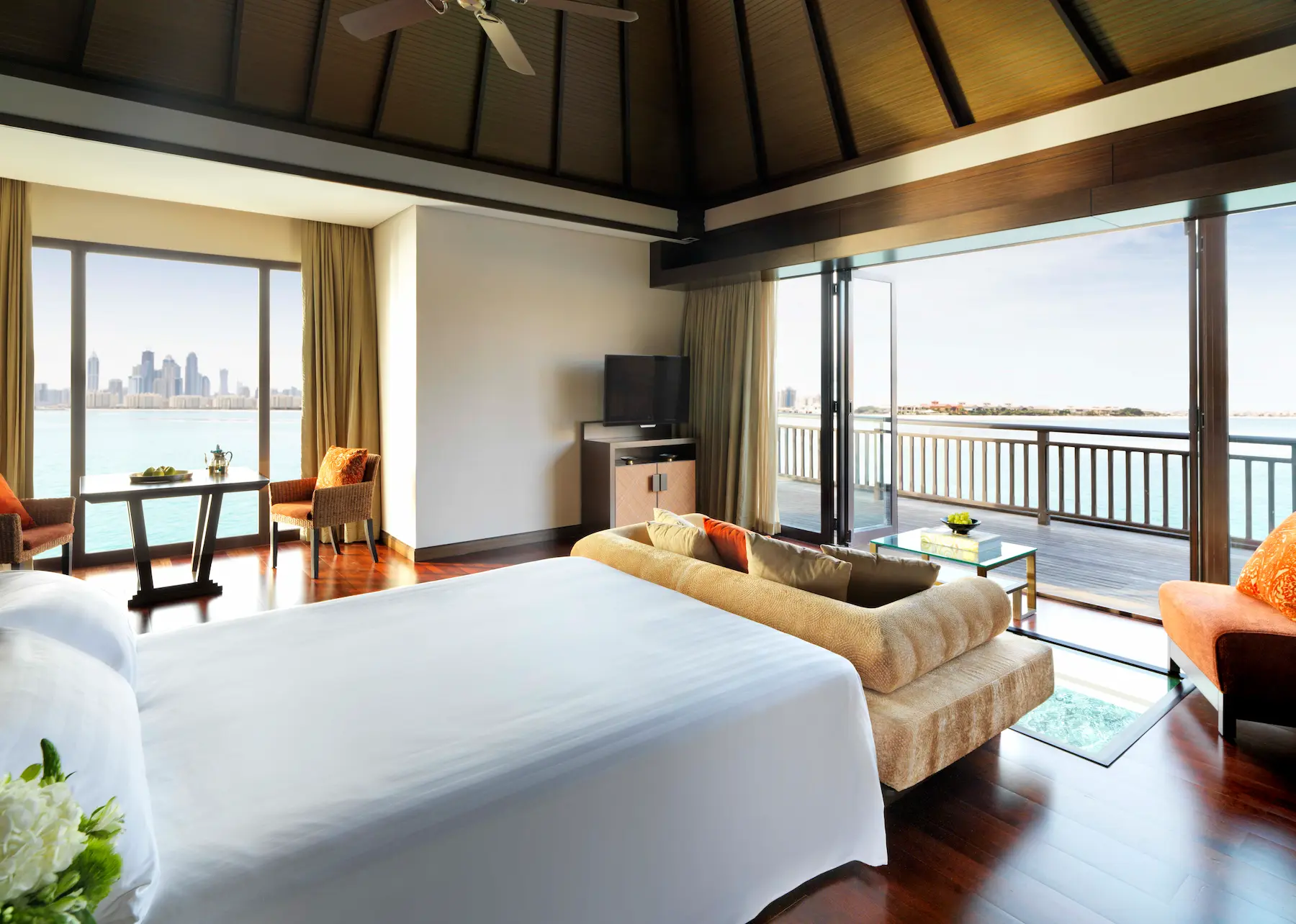 one bedroom overwater villa ocean view at anantara the palm dubai resort overlooking palm jumeirah
