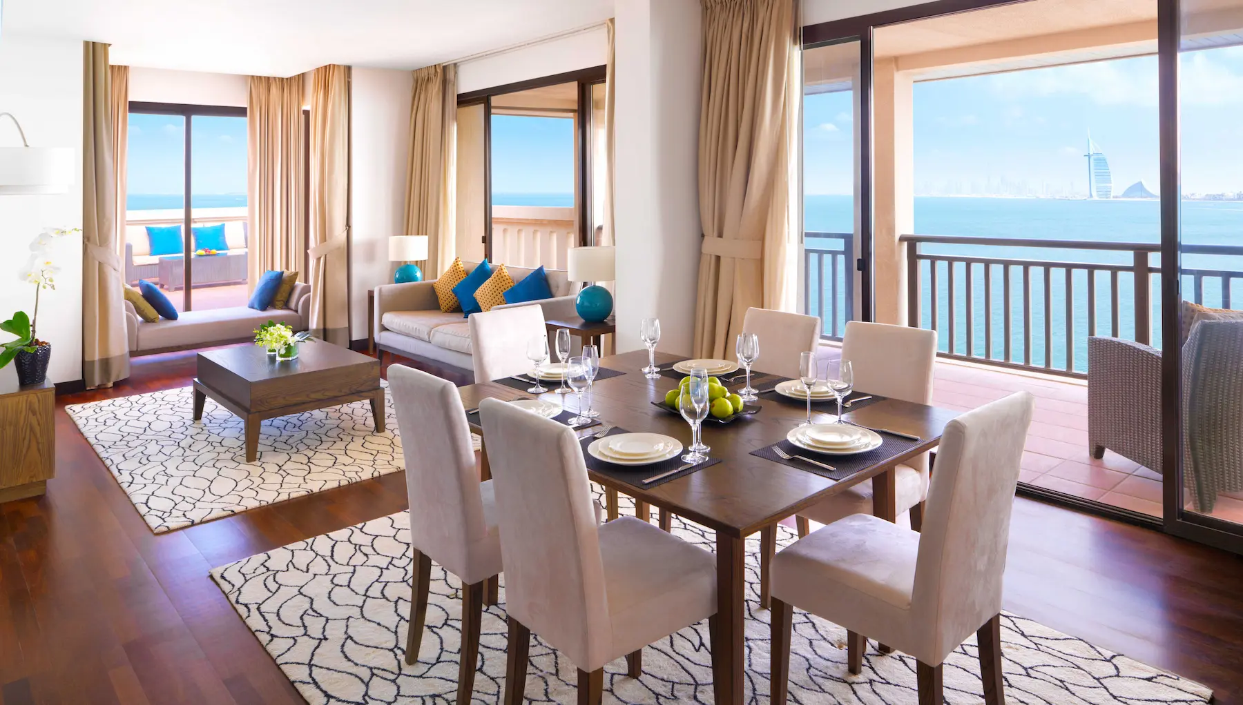 Two-Bedroom Apartment with Luxury Terrace living area at Anantara The Palm Dubai featuring spacious interiors and contemporary décor