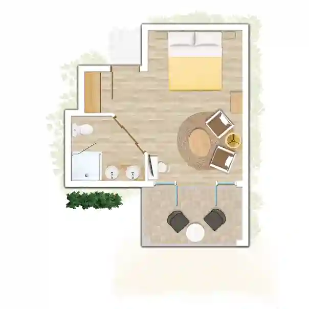 floor plan of standard garden room at canonnier mauritius showing layout and furniture