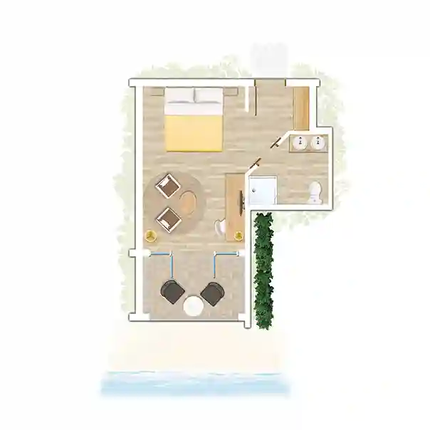 floor plan of standard sea-facing room at canonnier mauritius showing layout and furniture arrangement