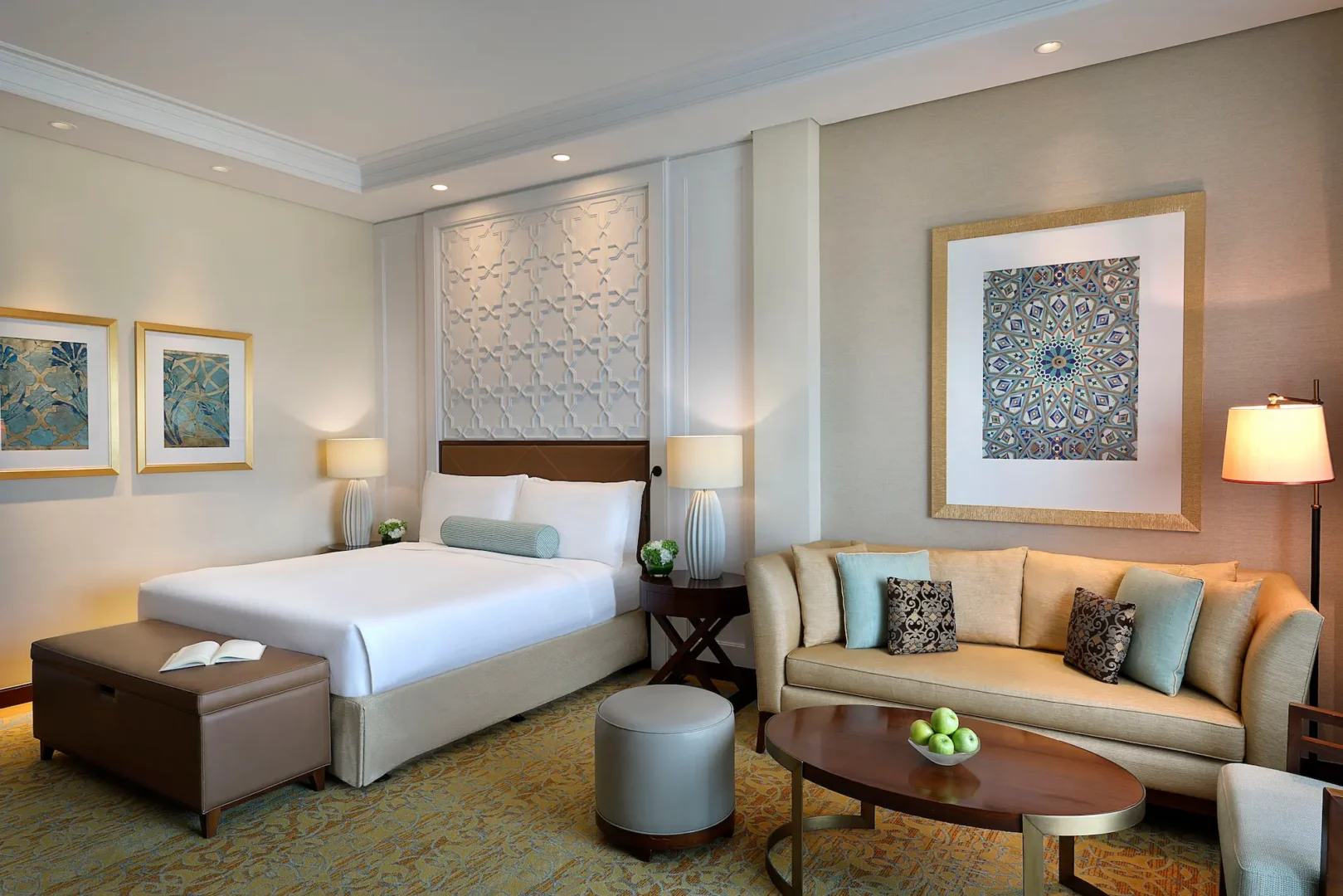 deluxe room with king bed at the ritz-carlton dubai jbr luxury beachfront hotel in dubai marina featuring elegant decor and private balcony