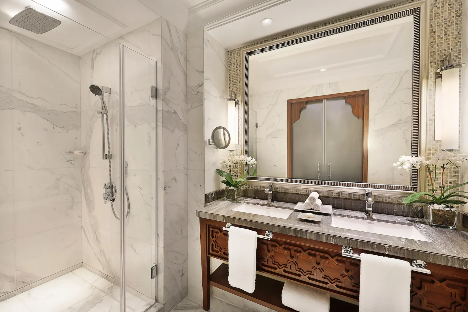 bathroom sink in deluxe room at the ritz-carlton dubai jbr featuring marble vanity premium amenities and elegant luxury hotel design in dubai marina
