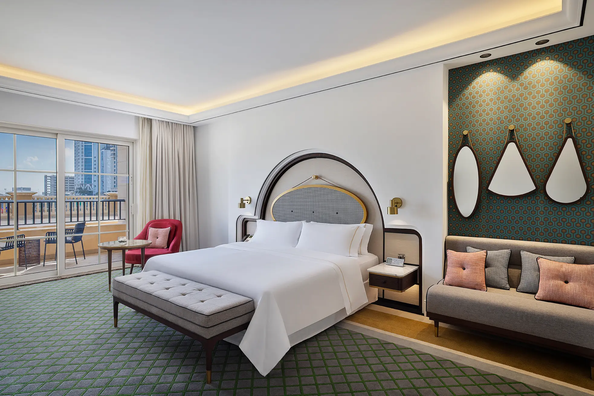deluxe skyline king bedroom at the westin dubai mina seyahi with a king bed and panoramic dubai skyline views