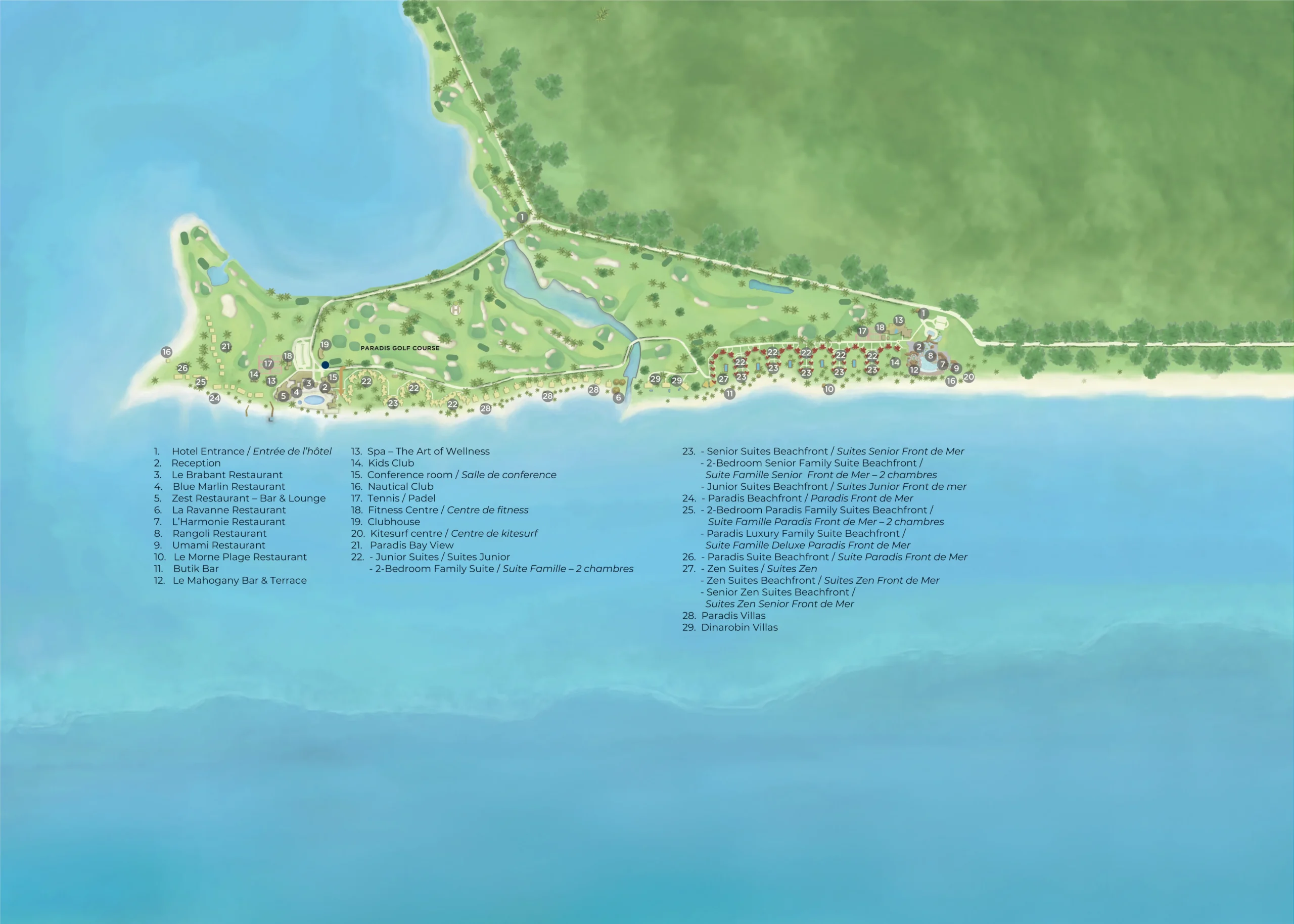 dinarobin mauritius resort map showing villas pools restaurants spa and beachfront