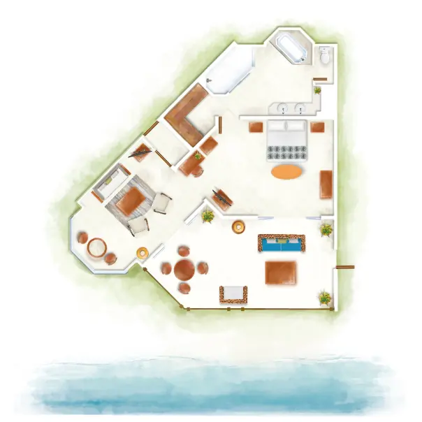 dinarobin senior zen suite floor plan showing bedroom, living area, bathroom, and terrace layout