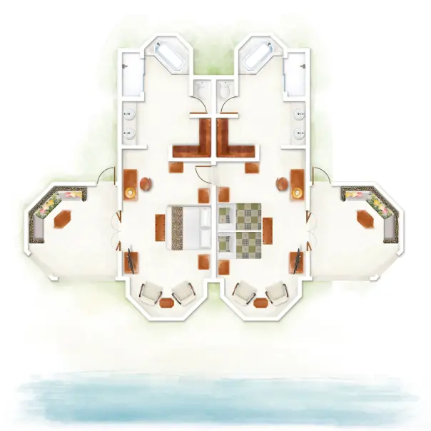 dinarobin two-bedroom family suite floor plan showing bedrooms, living area, bathrooms, and terrace layout