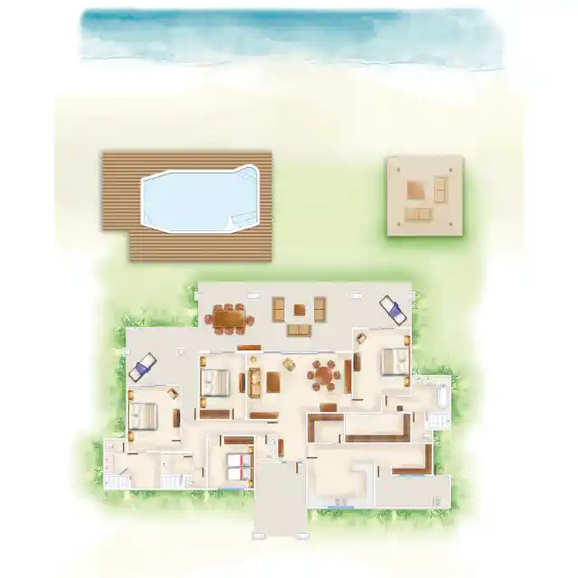 dinarobin villa floor plan showing multiple bedrooms, living areas, bathrooms, and private terrace layout