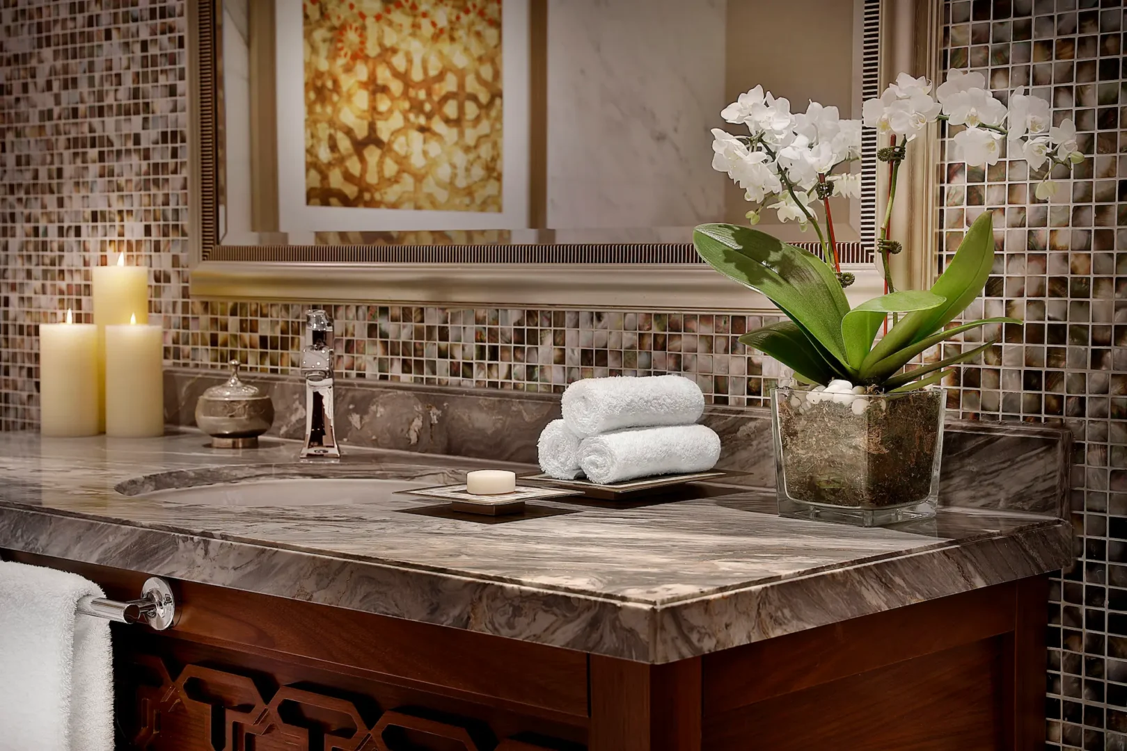 bathroom detail in family suite at the ritz-carlton dubai jbr featuring marble finishes, double vanity, walk-in shower, and luxury amenities in dubai marina