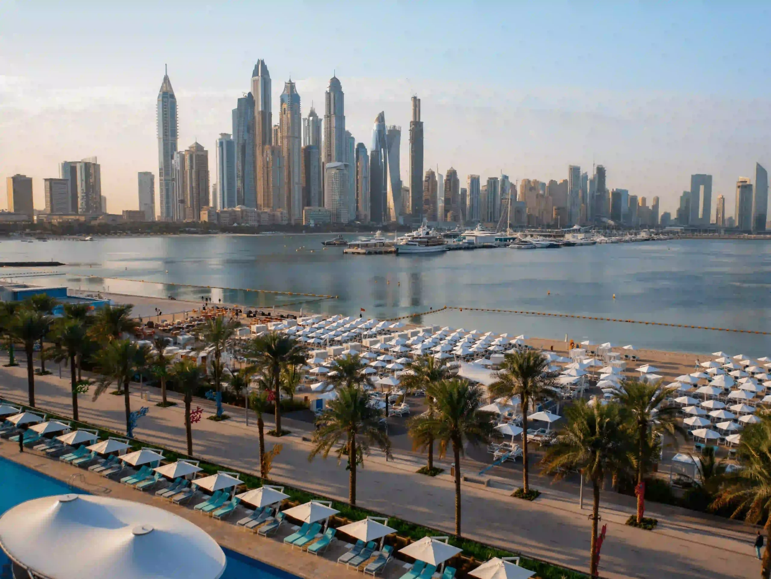 aerial view of hilton palm jumeirah in dubai city with skyline, waterfront, and luxury resort facilities