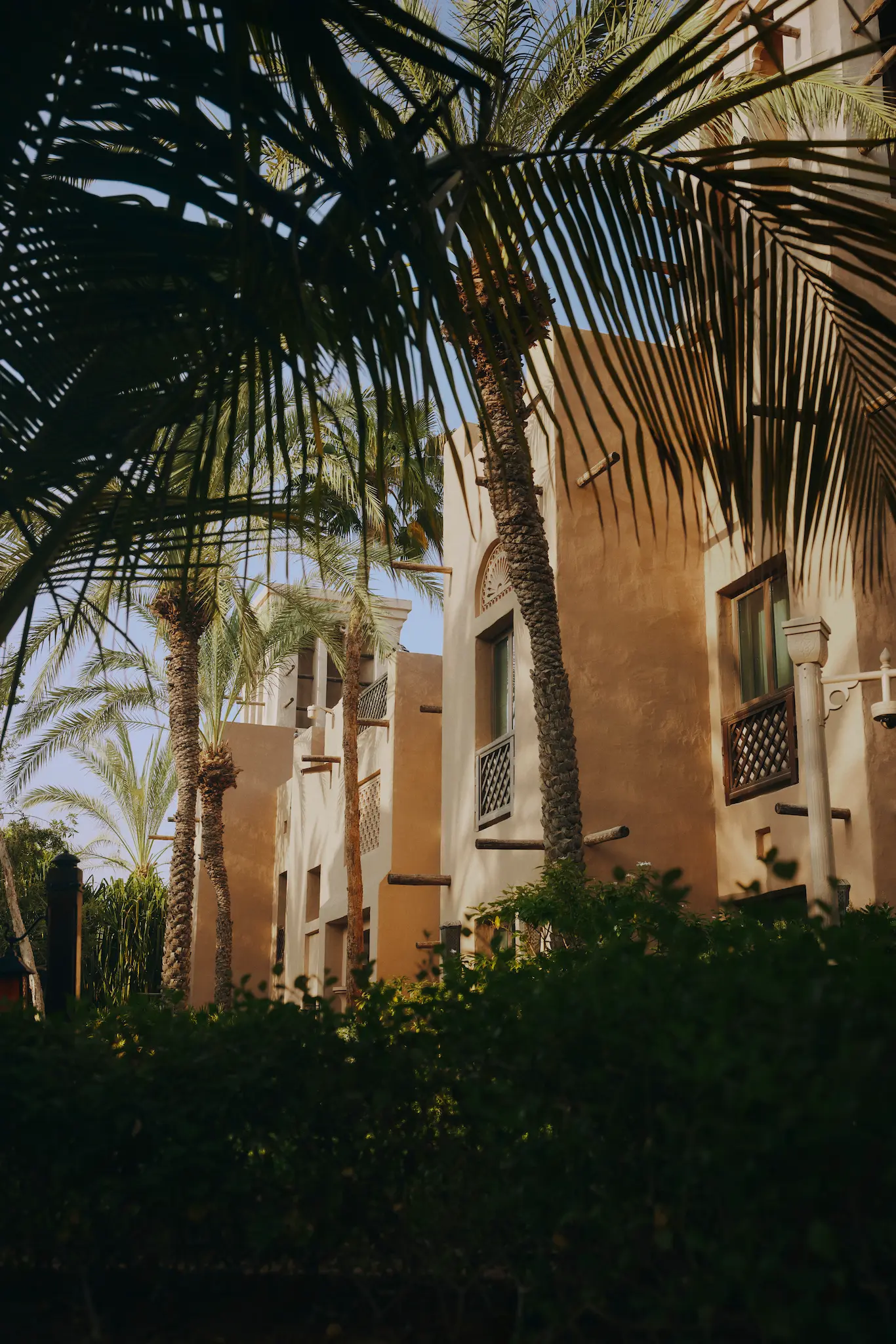 exterior view of the houses at jumeirah dar al masyaf featuring traditional arabian architecture and lush landscaped surroundings