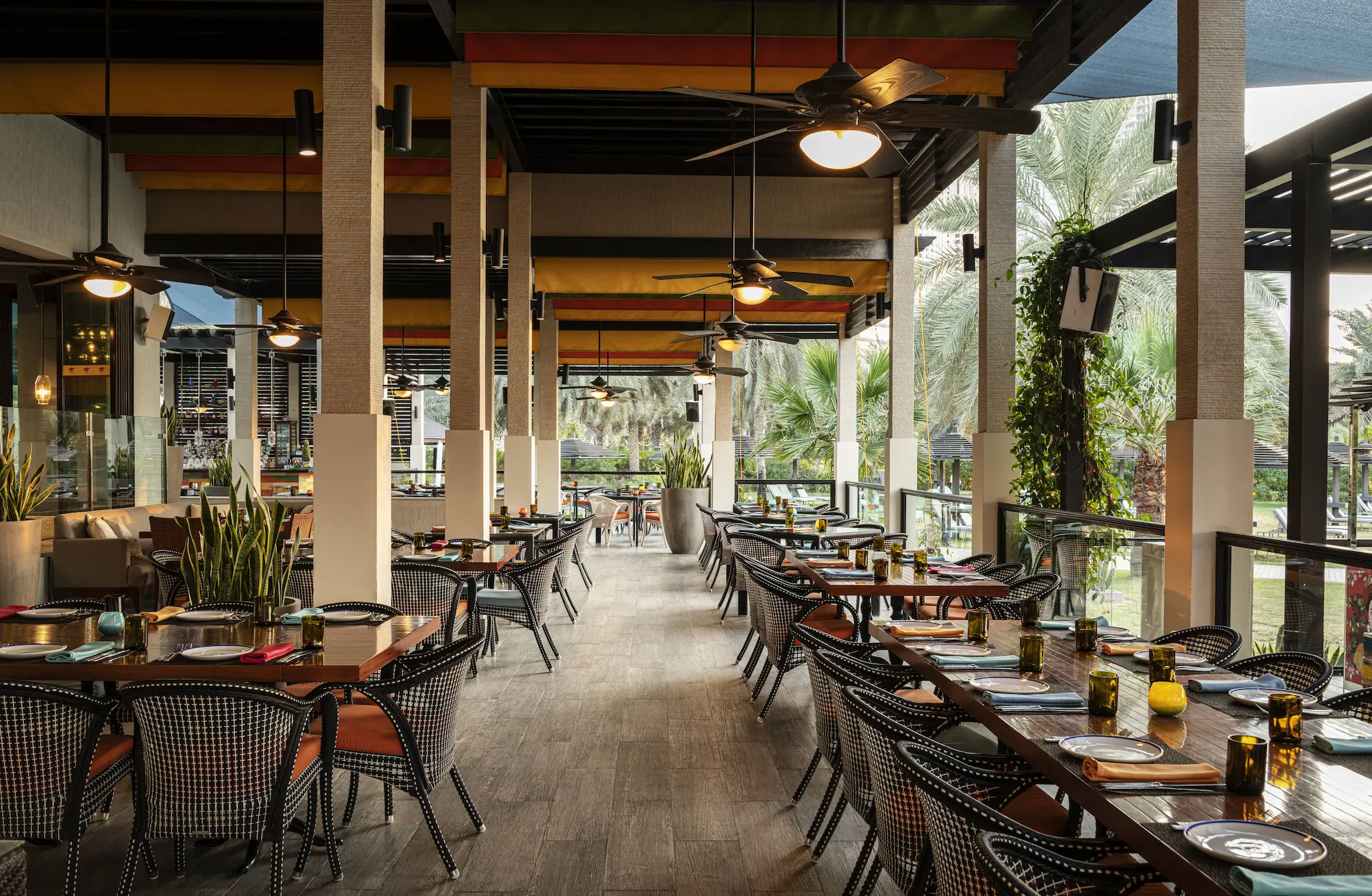maya restaurant interior at le royal meridien beach resort and spa dubai featuring contemporary décor, vibrant seating and ambient lighting for a stylish dining experience