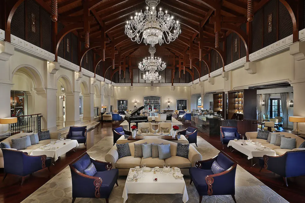 lobby lounge at the ritz-carlton dubai jbr luxury beachfront hotel featuring elegant seating, grand interiors, and refined atmosphere in dubai marina