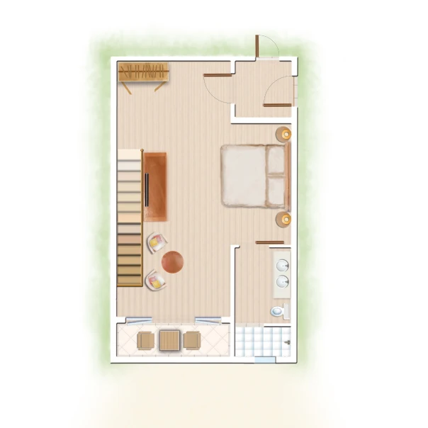 mauricia loft floor plan showing bedroom, living area, ensuite bathroom, and balcony layout in tropical resort