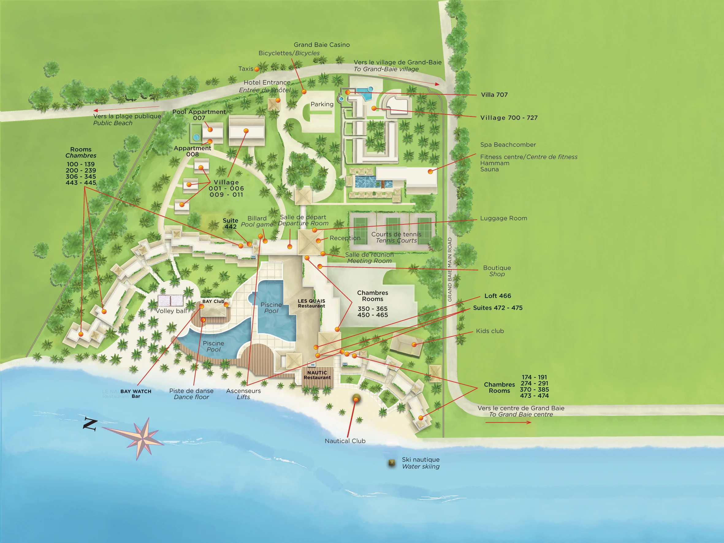 mauricia mauritius resort map showing rooms pools restaurants bars spa and beachfront layout in grand baie