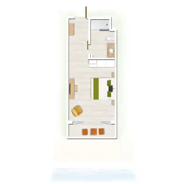 mauricia standard room floor plan showing layout with bed bathroom and balcony in tropical resort