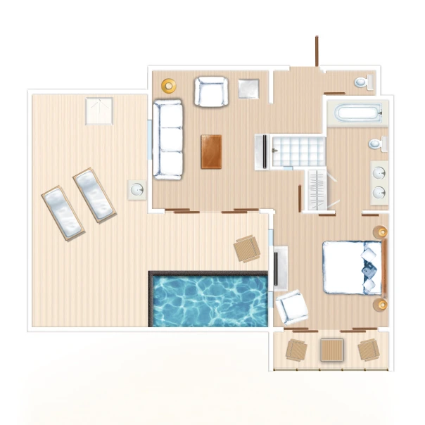 mauricia suite floor plan showing bedroom, living area, ensuite bathroom, and balcony layout in tropical resort