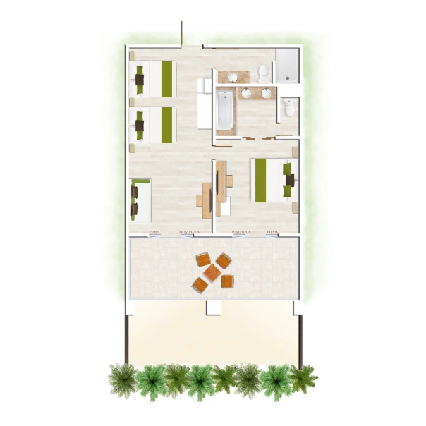 mauricia two bedroom family apartment floor plan showing bedrooms, bathrooms, living area, and balcony layout in tropical resort