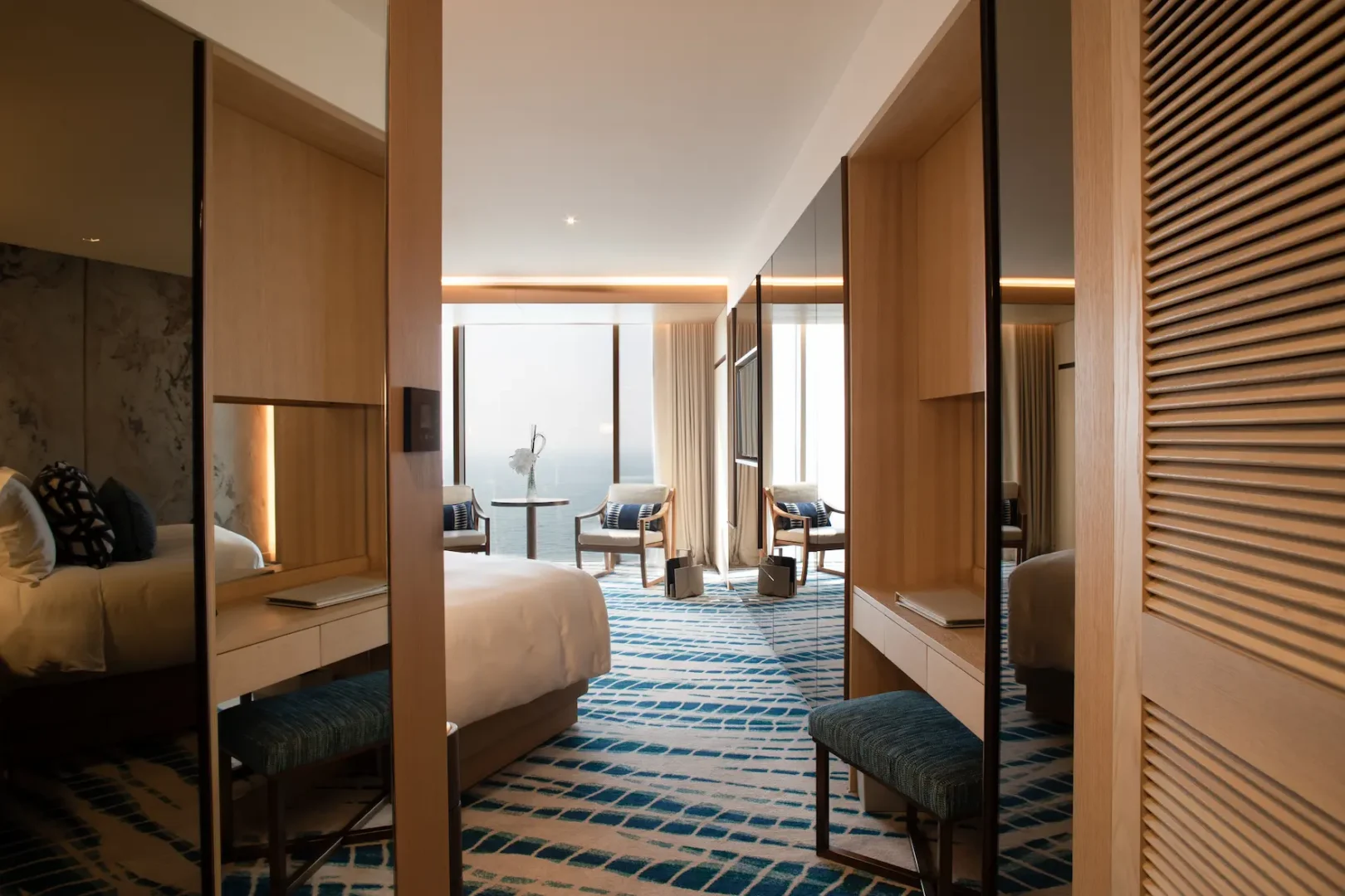 desk area in ocean deluxe room at Jumeirah Beach Hotel with sea view