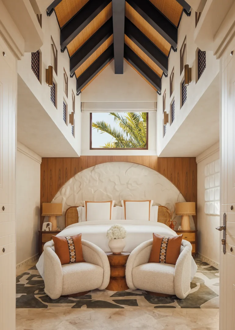 master bedroom in one bedroom al bahar villa at Jumeirah Beach Hotel with king bed, modern furnishings and villa terrace views