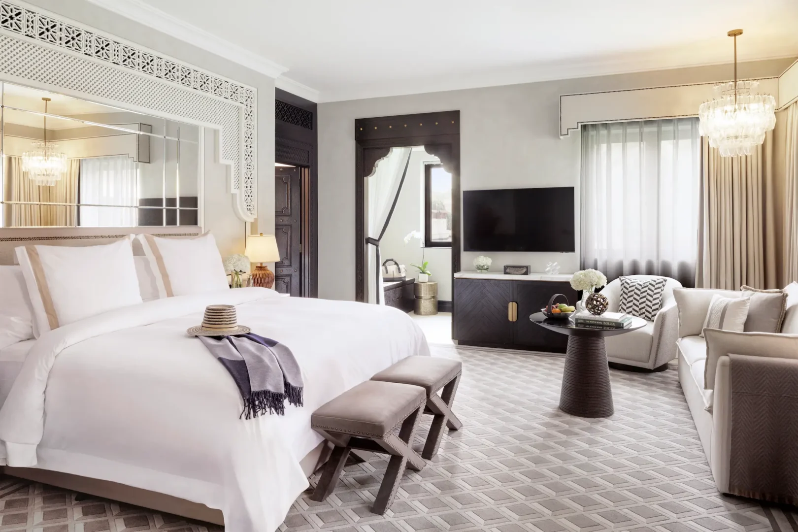 bedroom of palm house garden room at jumeirah dar al masyaf featuring a plush bed and elegant contemporary design