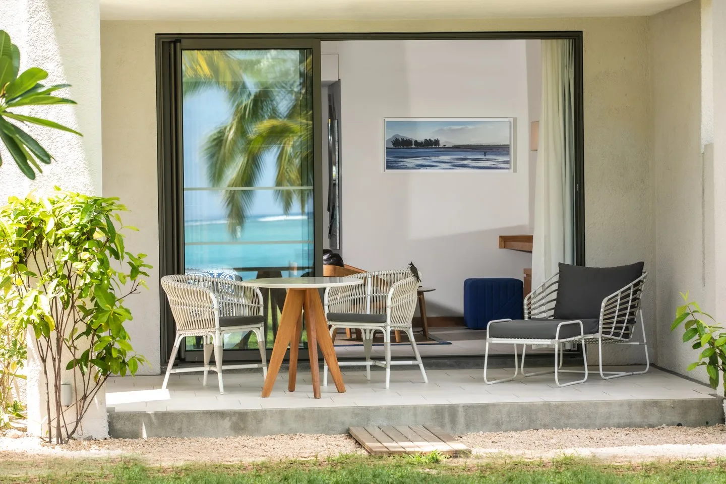 terrace of an ocean beachfront room at paradis mauritius
