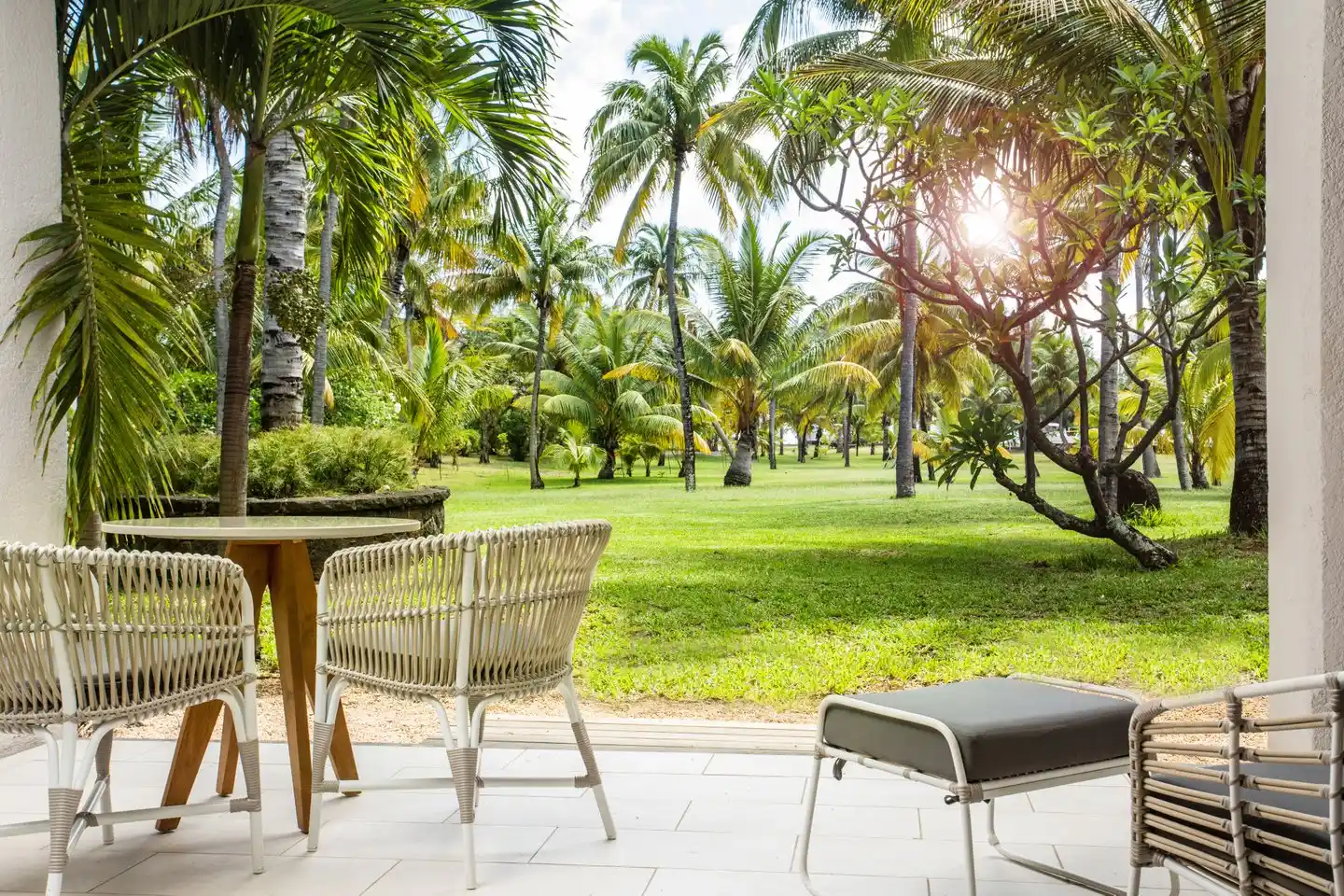 outside view of the terrace at a paradis bay view room at paradis mauritius