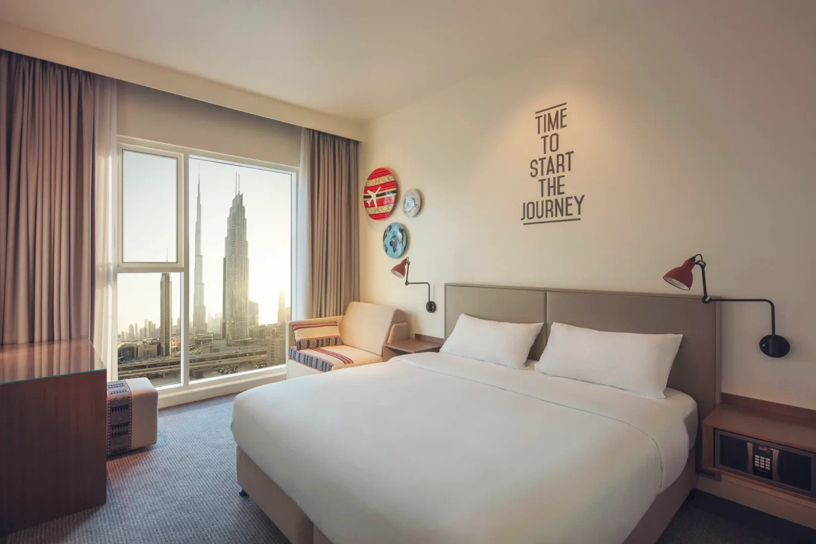 rove downtown dubai burj view room modern hotel room with direct burj khalifa views and contemporary urban design