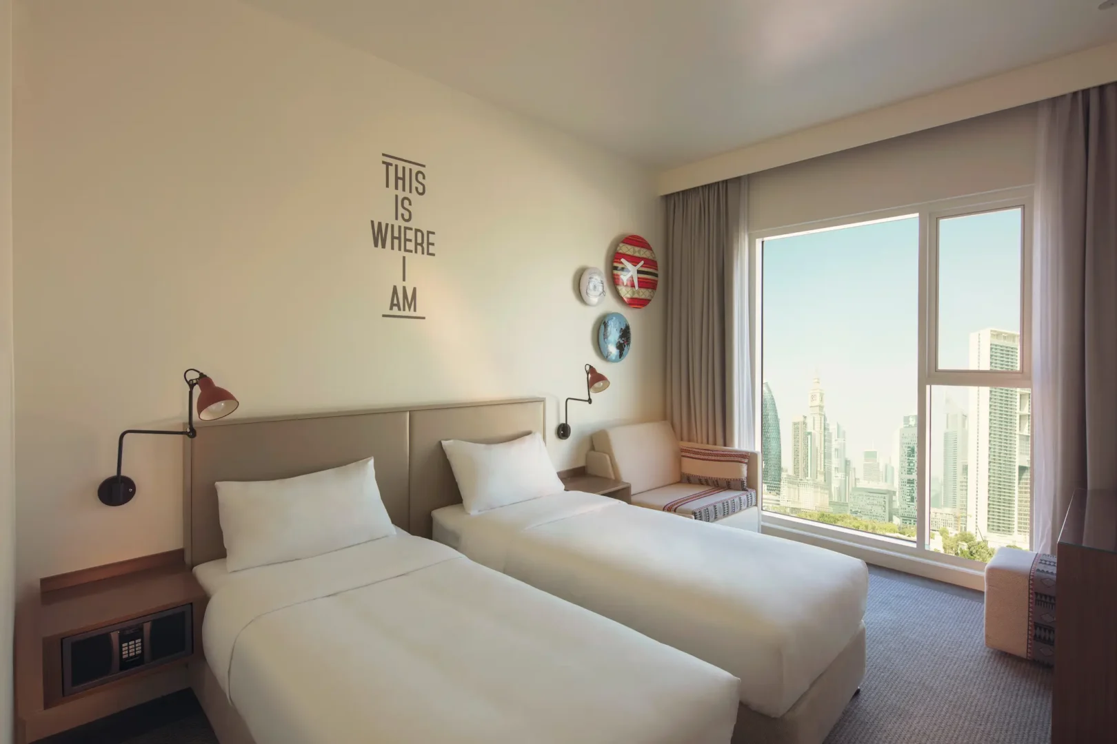 rove downtown dubai city view room modern hotel room with panoramic city skyline views and stylish urban design