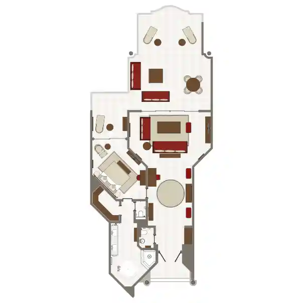 floor plan of the royal palm penthouse suite, showing bedroom, living area, kitchen, bathrooms, and balcony layout
