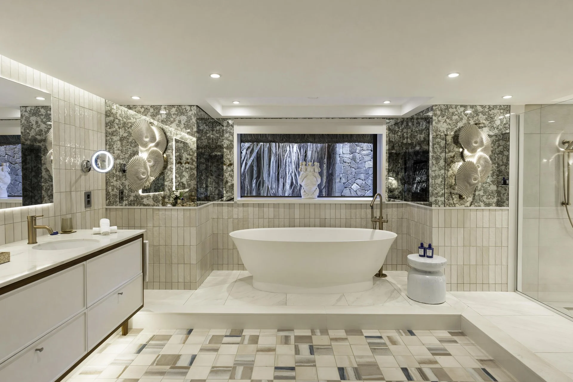 royal palm royal villa bathroom with bathtub, shower, and elegant vanity area