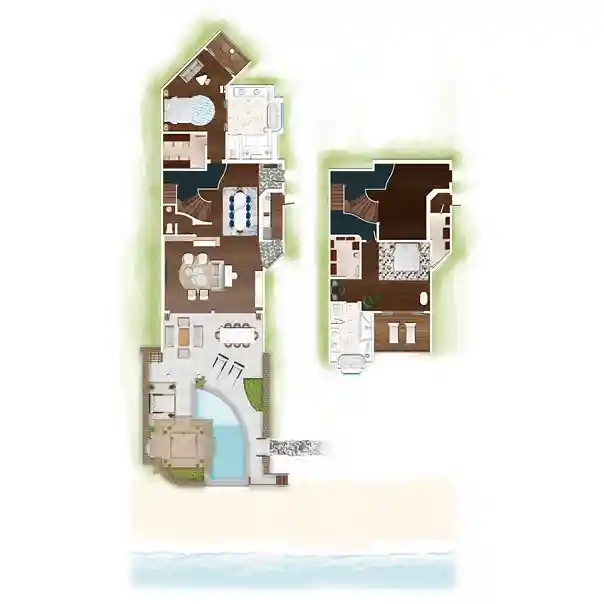 floor plan of the royal palm royal villa, showing bedrooms, living areas, kitchen, bathrooms, and outdoor spaces