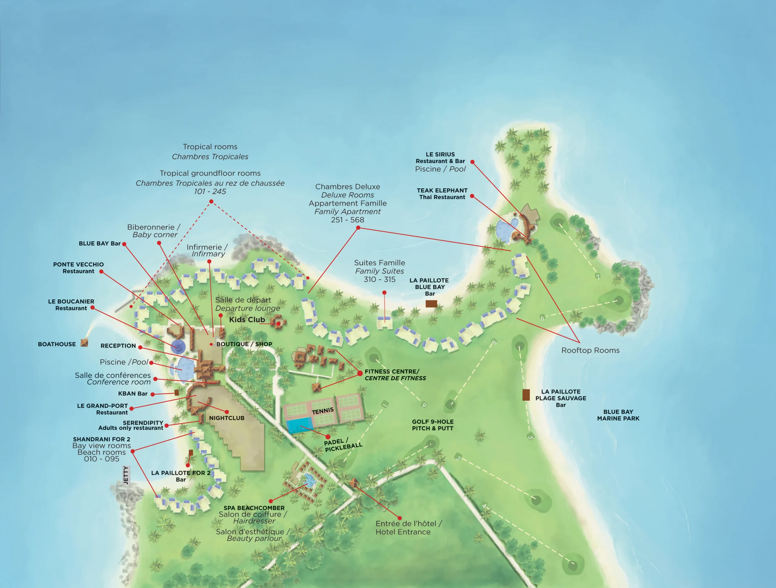 resort map at shandrani beachcomber resort and spa showing overall layout of guest accommodations, restaurants & bars, beaches, pools, and gardens spread across the private peninsula in blue bay mauritius