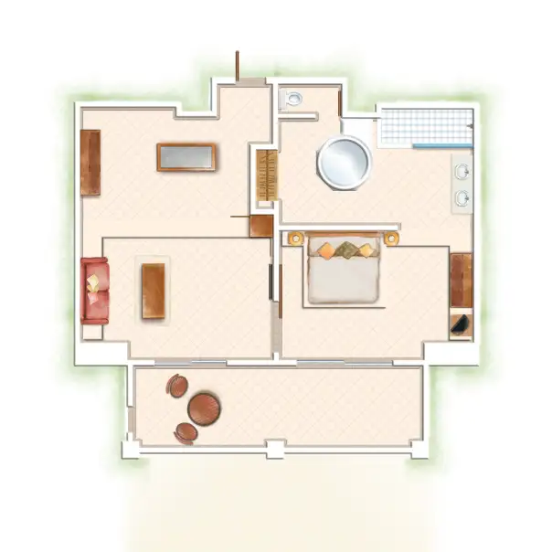 senior suite floor plan layout at shandrani resort with bedroom, living area, and bathroom design