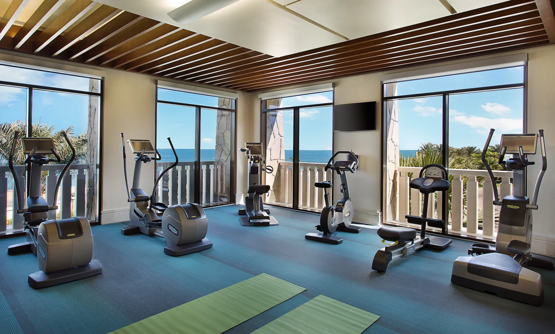 sofitel fitness at sofitel dubai the palm featuring modern gym equipment, cardio machines, and sea view workout space