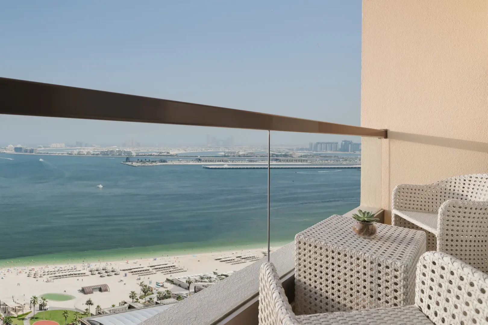 superior sea view room at ja ocean view hotel balcony with arabian gulf and palm jumeirah views