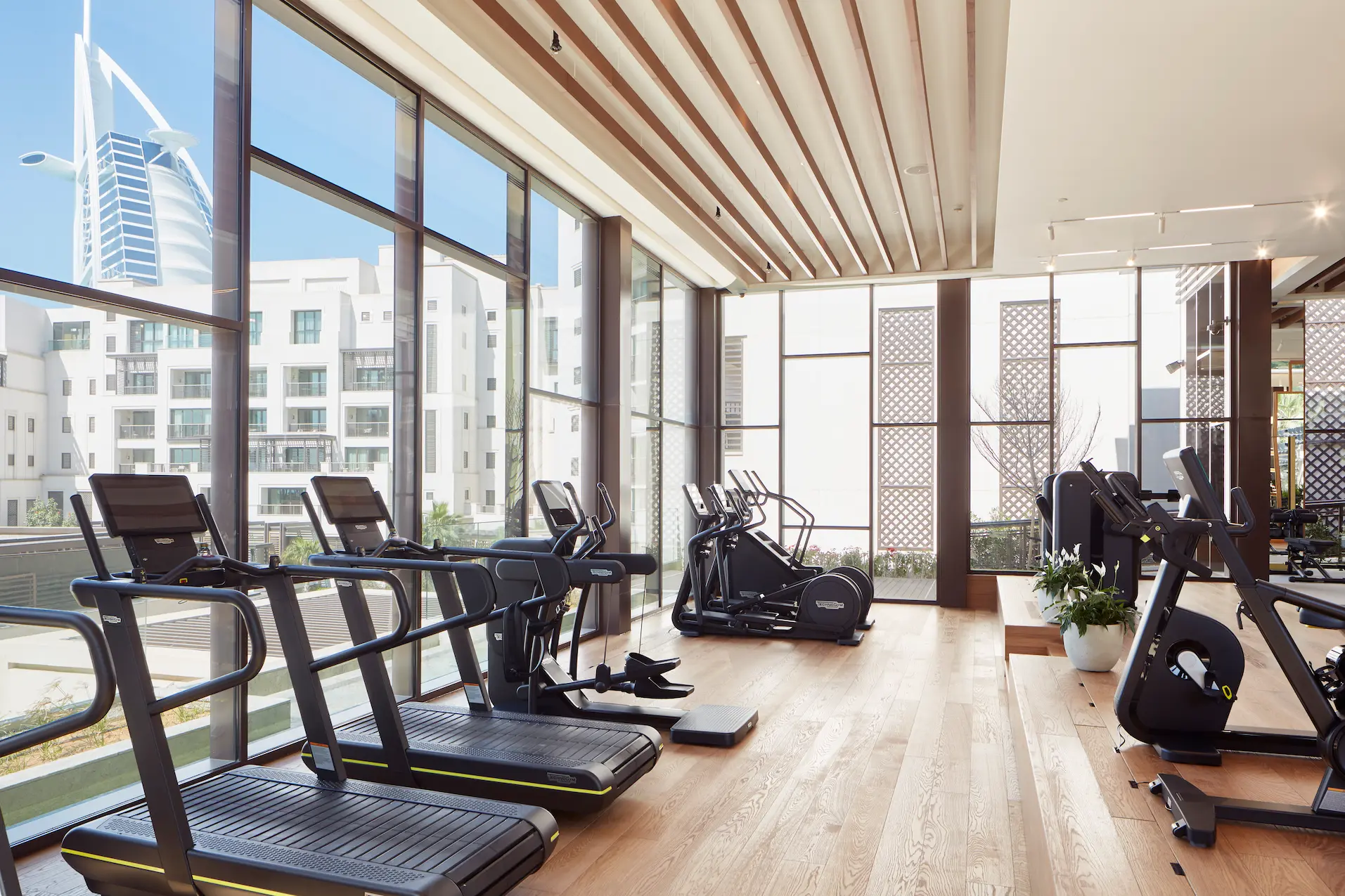 row of treadmills at talise fitness in jumeirah al naseem with modern equipment and bright workout space