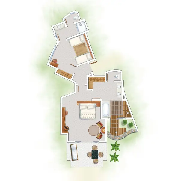 trou aux biches 2bedroom family suite floor plan showing two bedrooms, living area, bathrooms, and balcony layout