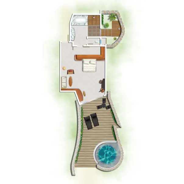 trou aux biches beachfront suite with pool floor plan showing bedroom, living area, bathroom, balcony, and private pool layout