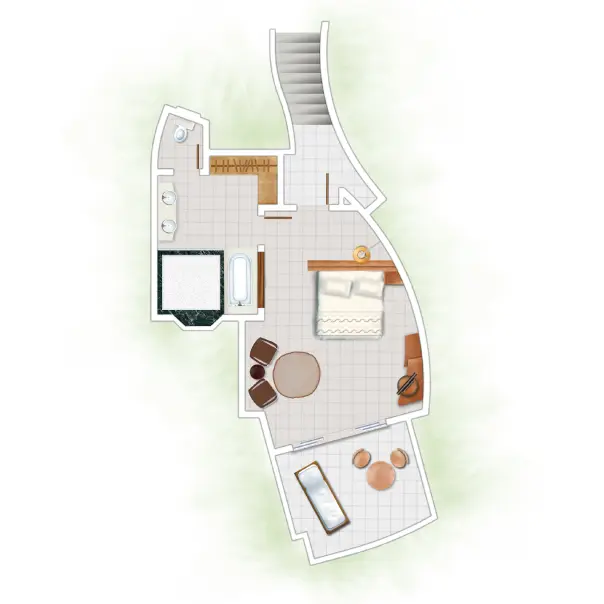 trou-aux-biches junior suite floor plan showing bedroom, living area, bathroom, and balcony layout
