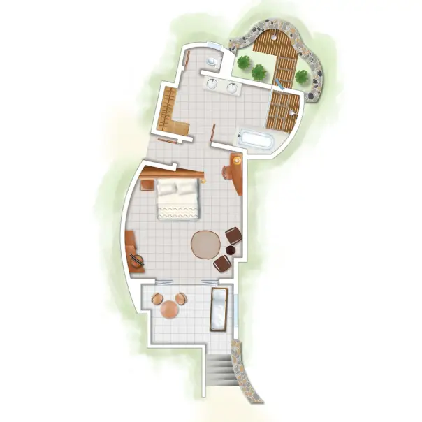 trou-aux-biches junior suite tropical floor plan showing bedroom, bathroom, living area, and balcony layout with surrounding greenery