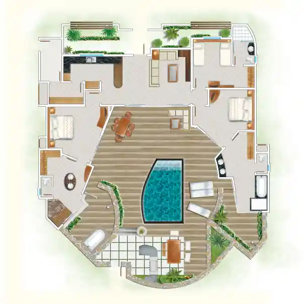 trou aux biches villa three rooms floor plan