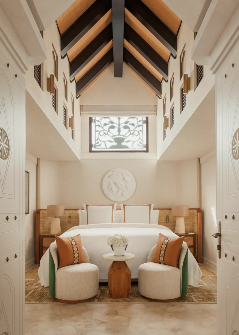 master bedroom in two bedroom al bahar villa at Jumeirah Beach Hotel with king bed, modern décor and villa terrace views