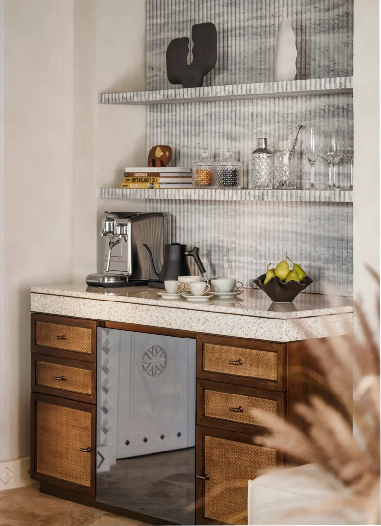 mini bar in two bedroom al bahar villa at Jumeirah Beach Hotel with fruit selection and luxury refreshments