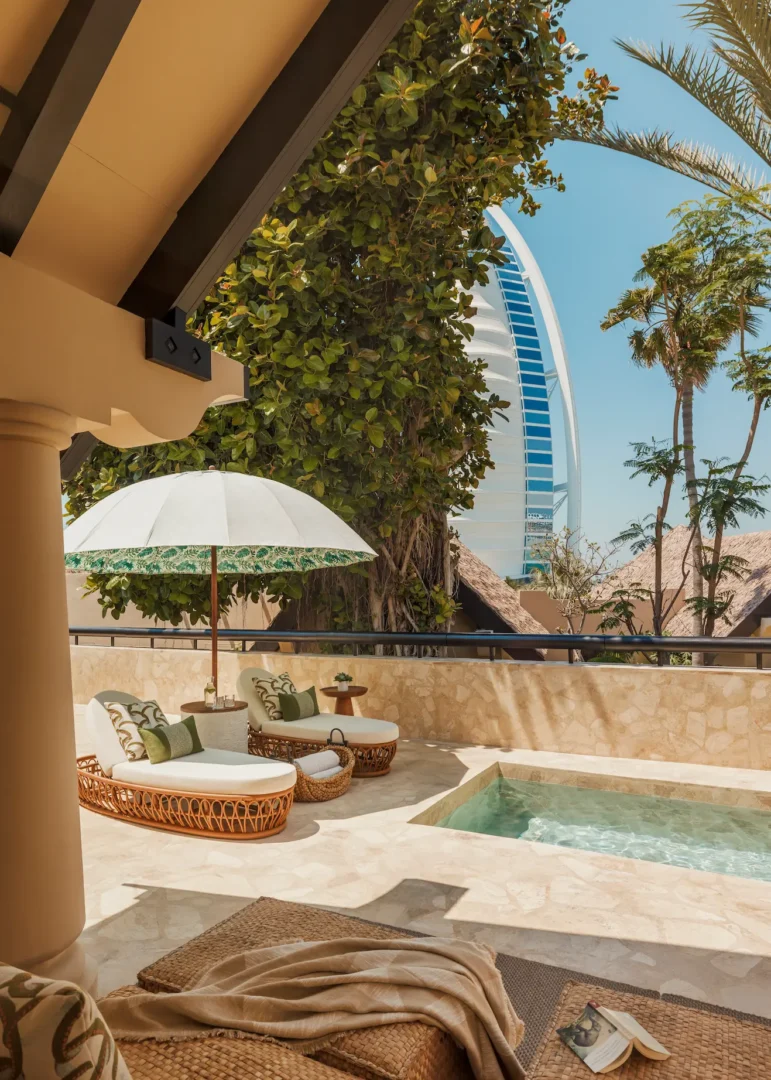 styled terrace of two bedroom al bahar villa at Jumeirah Beach Hotel with outdoor seating, décor accents and arabian gulf views