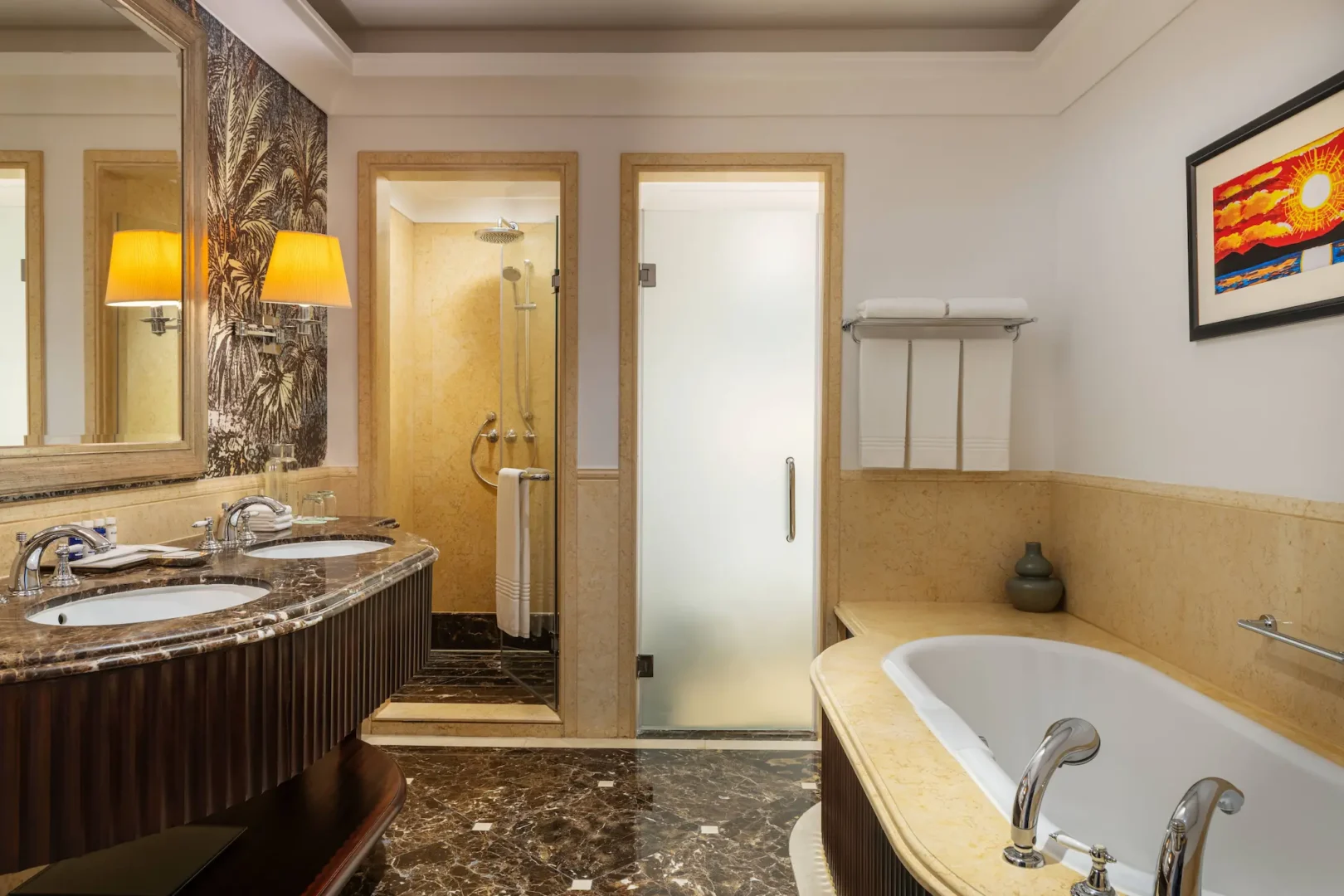 westin club suite bathroom at the westin dubai mina seyahi with marble finishes, separate bath and walk-in shower