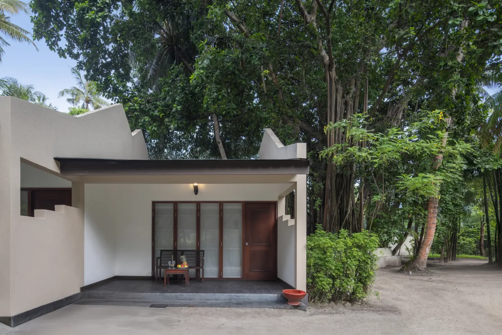 exterior of garden villa at adaaran select hudhuranfushi maldives.