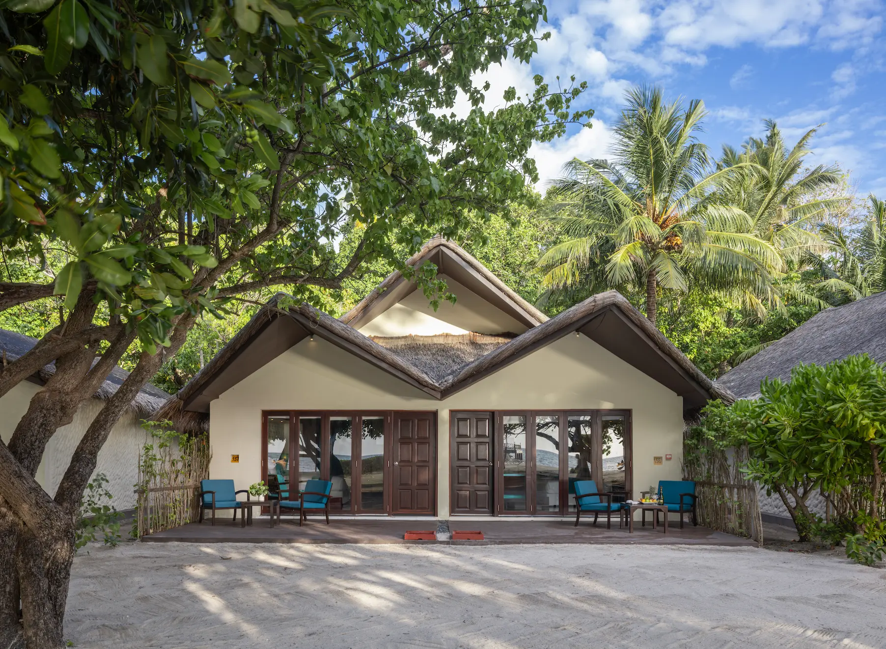 family beach villa exterior view at adaaran select hudhuranfushi maldives